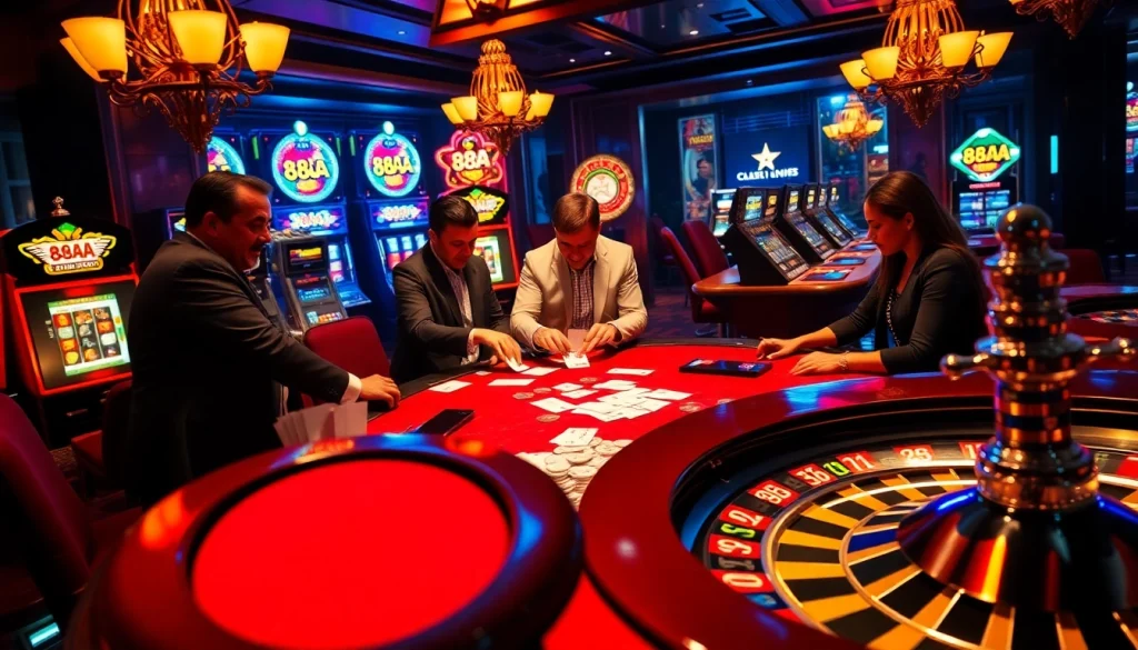 Dynamic casino scene showcasing 88AA-themed poker excitement with vibrant tables and players in action.