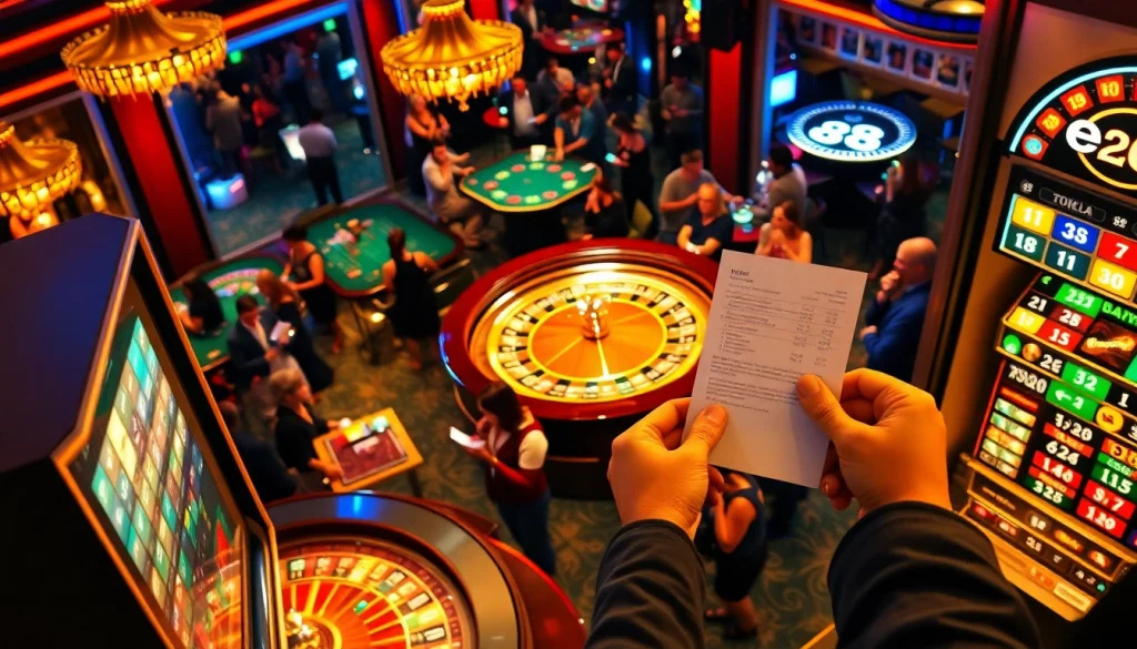 A lively casino scene where players engage in table games, showcasing e28-themed betting excitement and vibrant slot machines.