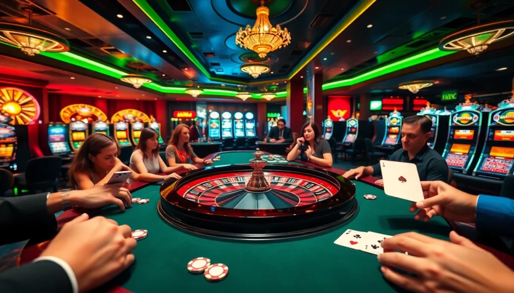 Experience thrilling gameplay at aa888br.br.com with vibrant roulette and poker tables surrounded by energized players.