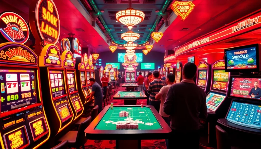 Experience the thrilling atmosphere of jogoluck.info with vibrant slot machines and engaged players in an online casino.