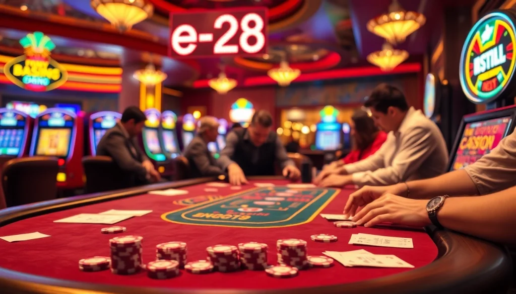 Experience the thrill of high-stakes poker with e28 chips and a dealer at a lively casino table.
