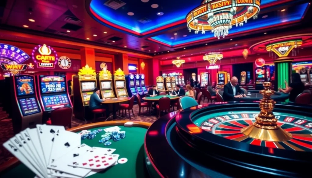 Experience the thrill of king88 casino, showcasing vibrant slot machines and intense poker action.