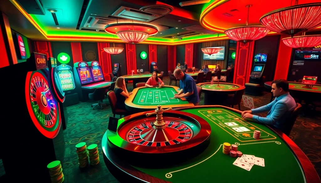Experience the thrill of online gambling at https://688vbet.online/ with vibrant casino activity featuring poker tables and roulette wheels.