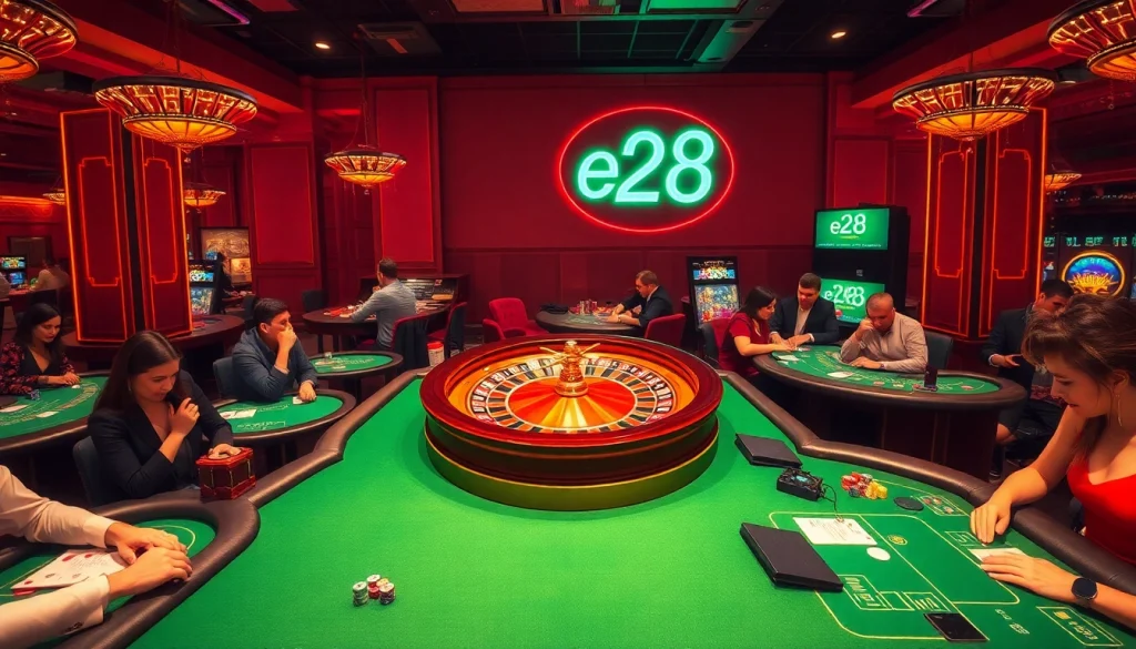 Experience the thrill of the e28 casino with exciting roulette and blackjack tables filled with eager players.