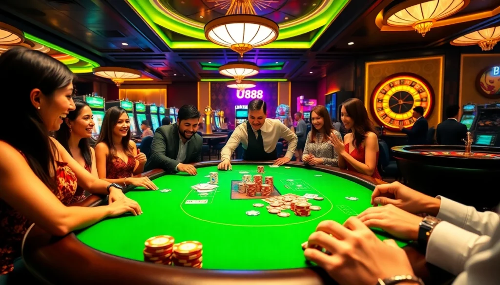 U888 players enjoying an exciting round of poker with vibrant chips and cards on a luxurious casino table.